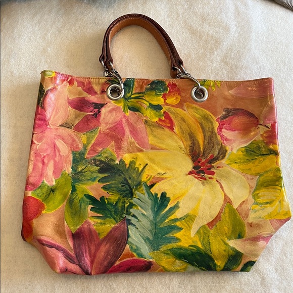Maurizio Taiuti Handbags - Maurizio Taiuti Floral Leather Tote Bag with Brown Handles